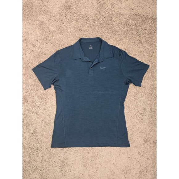 Arc'teryx Pelion Polo Men’s Large Blue Merino Wool Blend Short Sleeve Shirt - Picture 1 of 10